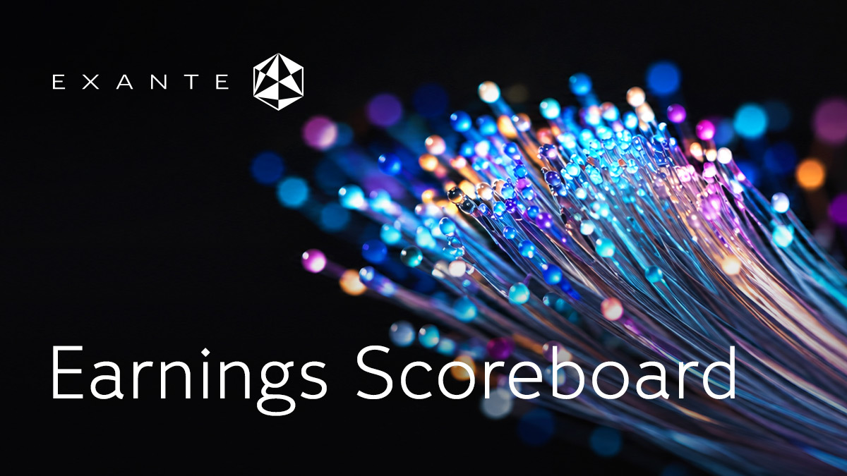 بطاقة عنوان Exante Earnings Scoreboard بخلفية من أضواء الألياف البصرية الملونة.