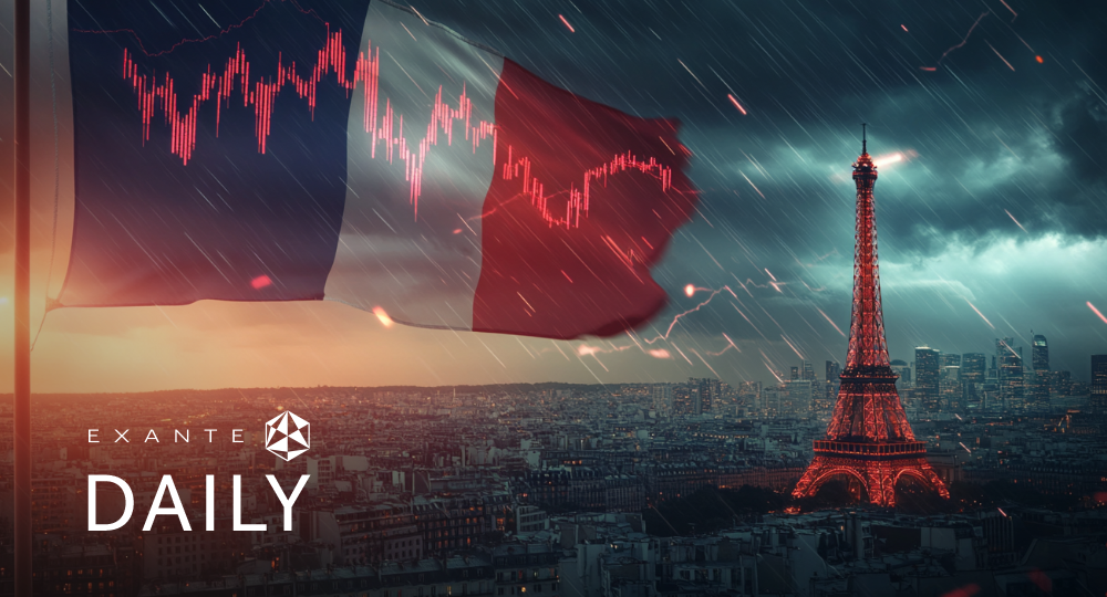 Exante Daily logo over a stormy Paris skyline with the French flag featuring a falling stock chart overlay.
