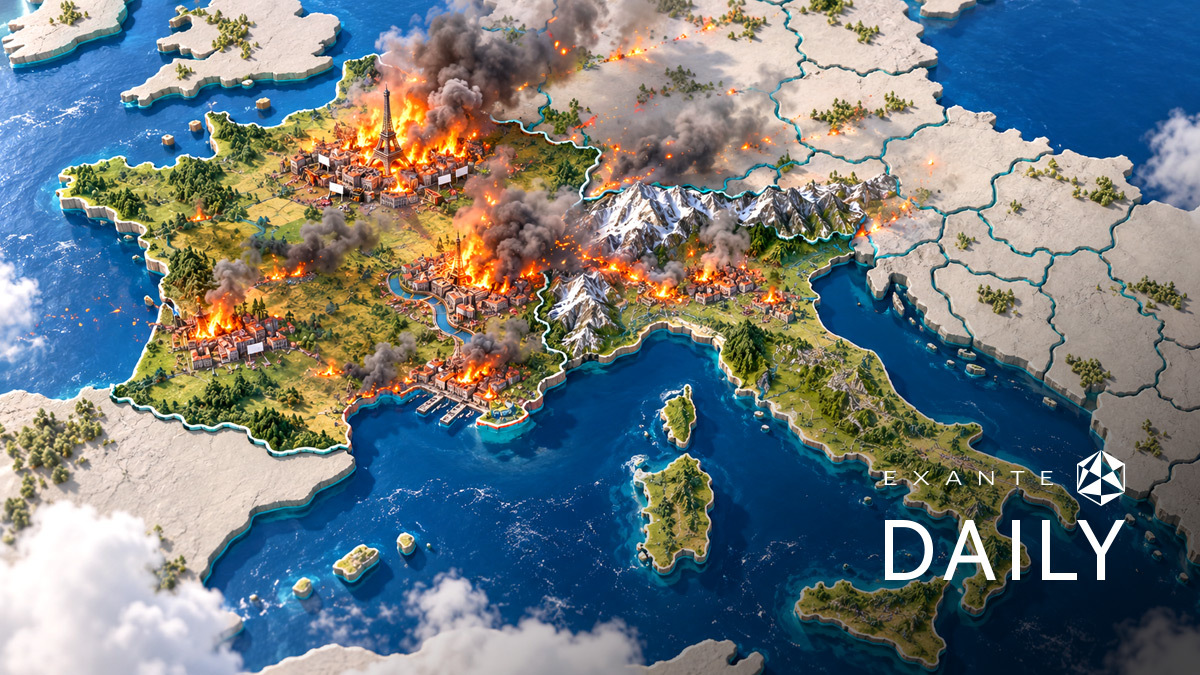 Hořící mapa Evropy s městy v plamenech a textem Exante Daily.